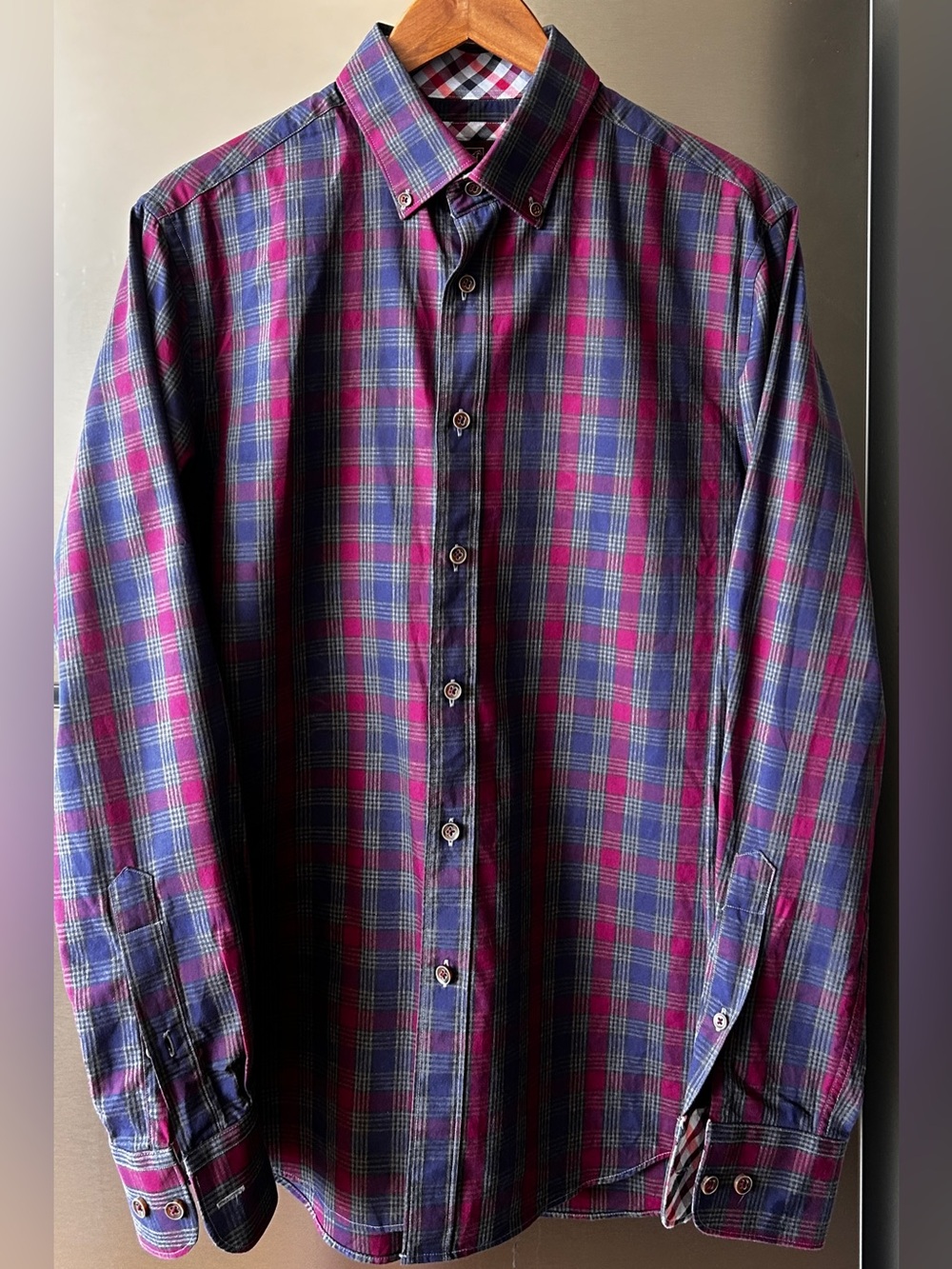 James Tattersall London Plaid Button Down Shirt Mens Medium Pink Blue Cotton